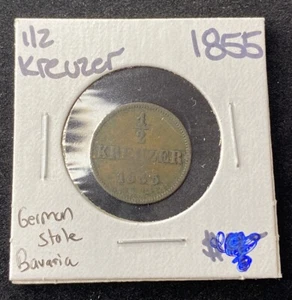 1855 German States Bavaria 1/2 Kreuzer Copper Coin Free Shipping - Picture 1 of 2