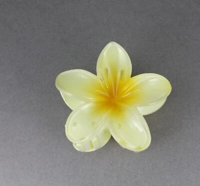 Yellow hawaiian flower hair clip claw butterfly clamp floral plumeria 3" wide - Image 1 of 4