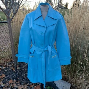 Vintage 60s 70s Faux Leather Trench Coat Belted Women's XL Light Blue Retro Mod - Picture 1 of 17
