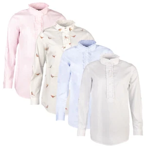 Ladies Country Overhead Frilly Blouse Women's Ruffled Oxford Cotton Shirt Rydale - Picture 1 of 5