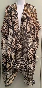 NWT's Nordstrom One Size Roffe Open Front Shawl Wrap Tan Gray Burgandy Graphics - Picture 1 of 12