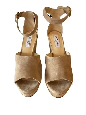 Sandalias Jimmy Choo Nude Gamuza Recorte Cuña Cruz Correa al Tobillo Talla 42 Muestra de Piso Foto 1 de 4