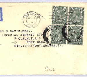 GB/AUSTRALIA Airmail Cover 1931 FIRST FLIGHT London Port Darwin 4d Block{4} XF69 - Picture 1 of 10