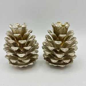 Pair Silver Plate Heavy Metal Detailed Pine Cone Shaped Candle Holders 3 inch - Picture 1 of 14