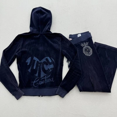 Juicy Couture Navy Blue Velour Tracksuit Jacket Pants Size S/M Y2K Rhinestone - Image 1 of 4