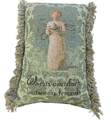 Willow Tree Word Pillow  Friendship Sage Green Fringe  13"x 7" by Susan Lori EUC - Image 1 of 4