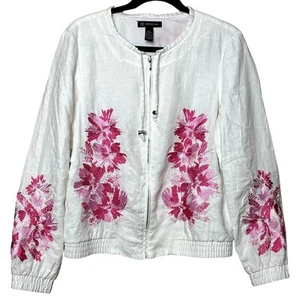 INC International Concepts WhitePink Floral Embroidered 100% Linen Jacket Medium - Picture 1 of 10
