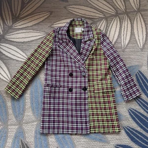 ASOS Women’s Neon Pink/Yellow Plaid Checkered Trench Double Breasted Blazer Sz 4 - Picture 1 of 5