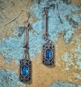 Turmalin Ohrringe Damen 2,5" blau Strass Antik Kupfer Filagran Tropfen - Bild 1 von 3