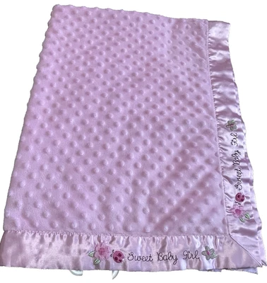 Carters Just One Year Sweet Baby Girl Blanket Pink Minky Dot Satin 30x39.5 - Image 1 of 4