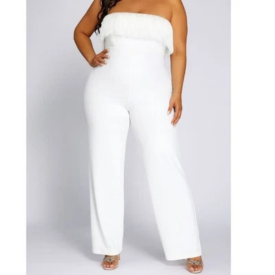 Mono de moda a figura sin mangas marfil con flecos y pierna ancha talla XL Foto 1 de 4