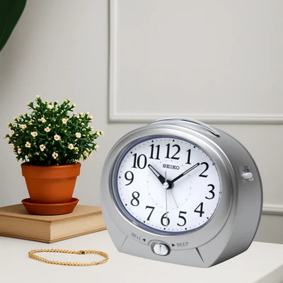 Seiko Alarm Clock No Tick Silent Luminous Silver Desktop Clock with Bell & Beep - Image 1 of 2