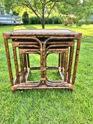 Vintage Tiger Bamboo Rattan Nesting Tables Mid Century Modern MCM Set of 3 - Image 1 of 4