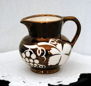 GRAYS POTTERY COPPER LUSTRE CREAMER PITCHER GRAPE FLORAL DECORATION Signed - Picture 1 of 3