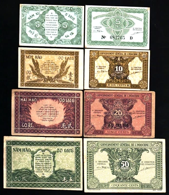 French Indo-China Set 5 10 20 50 CENTS P-88 89 90 91 1942 Vietnamese Money NOTE - Image 1 of 3