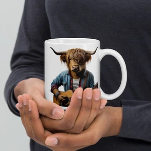 Novelty Highland Cow Glossy Guitar Player Mug Funny Cup Comical Gift - Picture 1 of 2