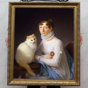 Handmade Old Master-Art Antique Oil Painting lady cat on canvas 30"x40" - Picture 1 of 2