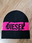 DIESEL Girls Black Pink Acrylic Knit Turn Up Cuff Logo Winter Hat Age 12-16 New 