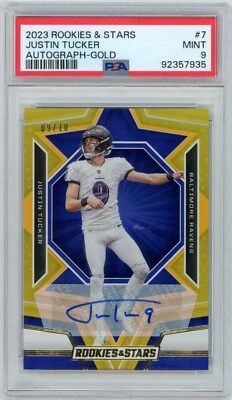 2023 Rookies & Stars Justin Tucker Gold Auto SP 9/10 PSA 9 Jersey # GOAT Ravens - Image 1 of 2