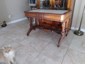 Walnut Victorian Marble Top Library Center Table - Picture 1 of 5