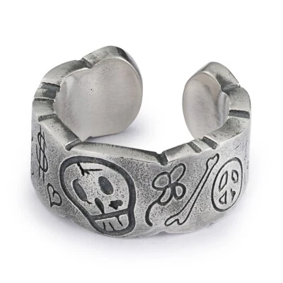 Graffiti Skull 925 sterling silver handmade INS celebrity couple's open ring - Imagem 1 de 4