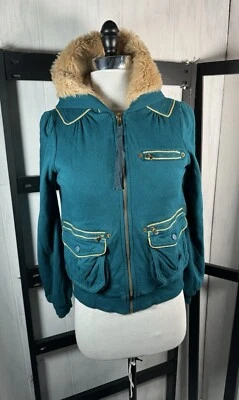 Y2K Marc Jacobs Sudadera con Capucha Aislada Verde Azulado Bolsillo Sherpa y Piel! Talla pequeña, como nueva Foto 1 de 4