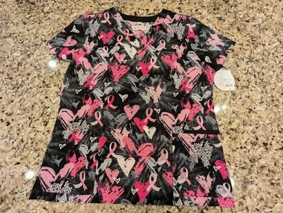 White Cross Womens Scrub Top Lace & Love Breast Cancer Black Pink size M - Image 1 of 4