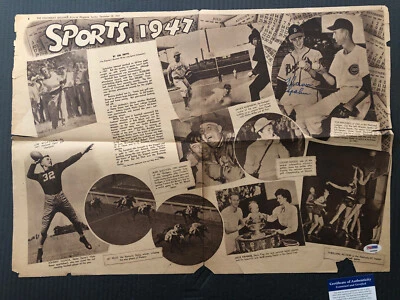 Warren Spahn Autograph PSA/DNA Certified 1947 Newspaper w/ Jackie Robinson Photo - Image 1 of 4