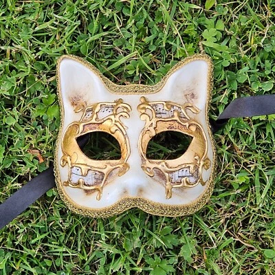 Genuine Italian Venetian Handmade Cat Face Mask Masquerade Roleplay Cosplay Gold - Image 1 of 3