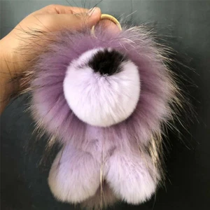 Cute Real Rabbit /Rex Fur Lion Pompom Ball Bag Charm Keyring Car Phone Pendant - Picture 1 of 5