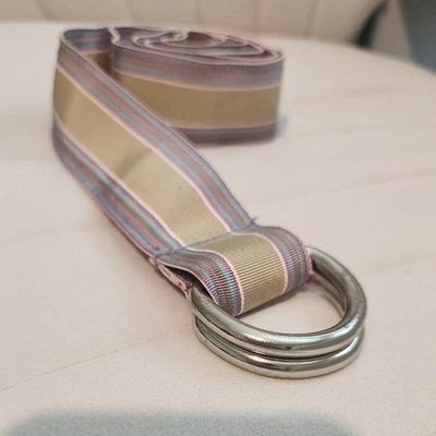 Molly B. Silver D Ring Striped Ribbon Belt Beige Pink Blue 41" Preppy Coastal - Image 1 of 4