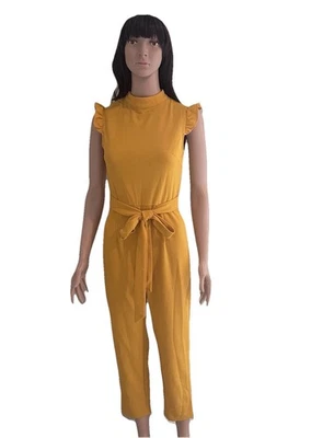 SHEIN Women’s Mustard Yellow Jumpsuit Size XS/US2 Ruffle Sleeve Self Belted  - Image 1 of 4