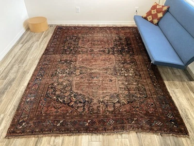 Antique Per'sian Qashqai 7'x10' Rug Tribal Carpet Khamseh ~1900 Handmade *Wear* - Image 1 of 4