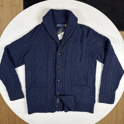 Polo Ralph Lauren Men Large Wool Cashmere Cardigan Navy Cable Knit Shawl Collar - Image 1 of 4