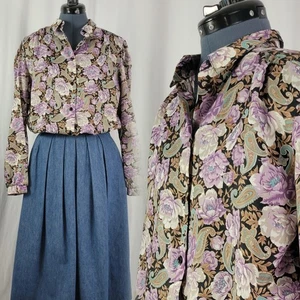 Vintage Devon Black/Purple/Tan Floral & Paisley Print Blouse Size 16 - Picture 1 of 19