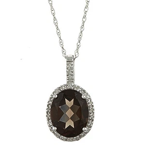 10k White Gold 3.6cttw Oval Smokey Quartz and Diamond Pendant Necklace - Picture 1 of 5
