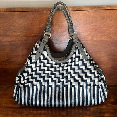 COLE HAAN Genevieve Tejido Triángulo Hobo Bolso de Hombro Bolso de Mano Seda Rafia Azul Foto 1 de 4