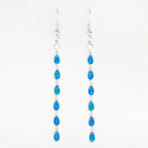 Multi Pear Shape Ocean Blue Fire Opal CZ Silver Jewelry Dangle Drop Earrings - Picture 1 of 6