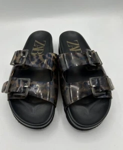 Zara Animal Print Rubberized Buckled Slide Sandals Black Size 37 - Picture 1 of 16