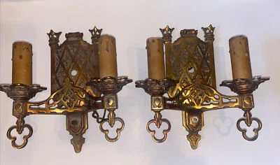 Antique Wall Sconces Pair Double Candle Gothic Cathedral Rare - Image 1 of 4