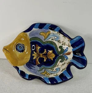 Terra Bella Hand Painted Fish Shaped Tray Dish Yellow Blue Italian 5x6” - Picture 1 of 12