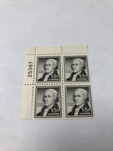 US 1053 Hamilton $5  Plate Block Of 4 Very Fine Mint Never Hinged - Picture 1 of 4