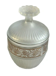 VINTAGE RIBBED FROSTED GLASS POWDER JAR #7 WITH LID #21 GOLD FILIGREE BAND 5.5” - Picture 1 of 4