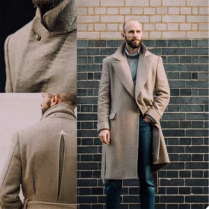 Men's Wool Blend Long Coat Single-Breasted Long Peacoat Beige Outfit Overcoat - Picture 1 of 11