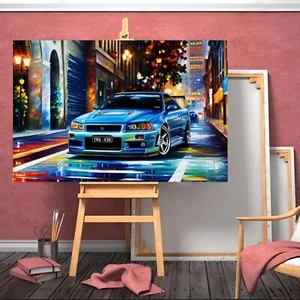 Leonid Afremov Nissan Skyline GTR R34 Night Colourful Canvas Wall Art Framed - Picture 1 of 11