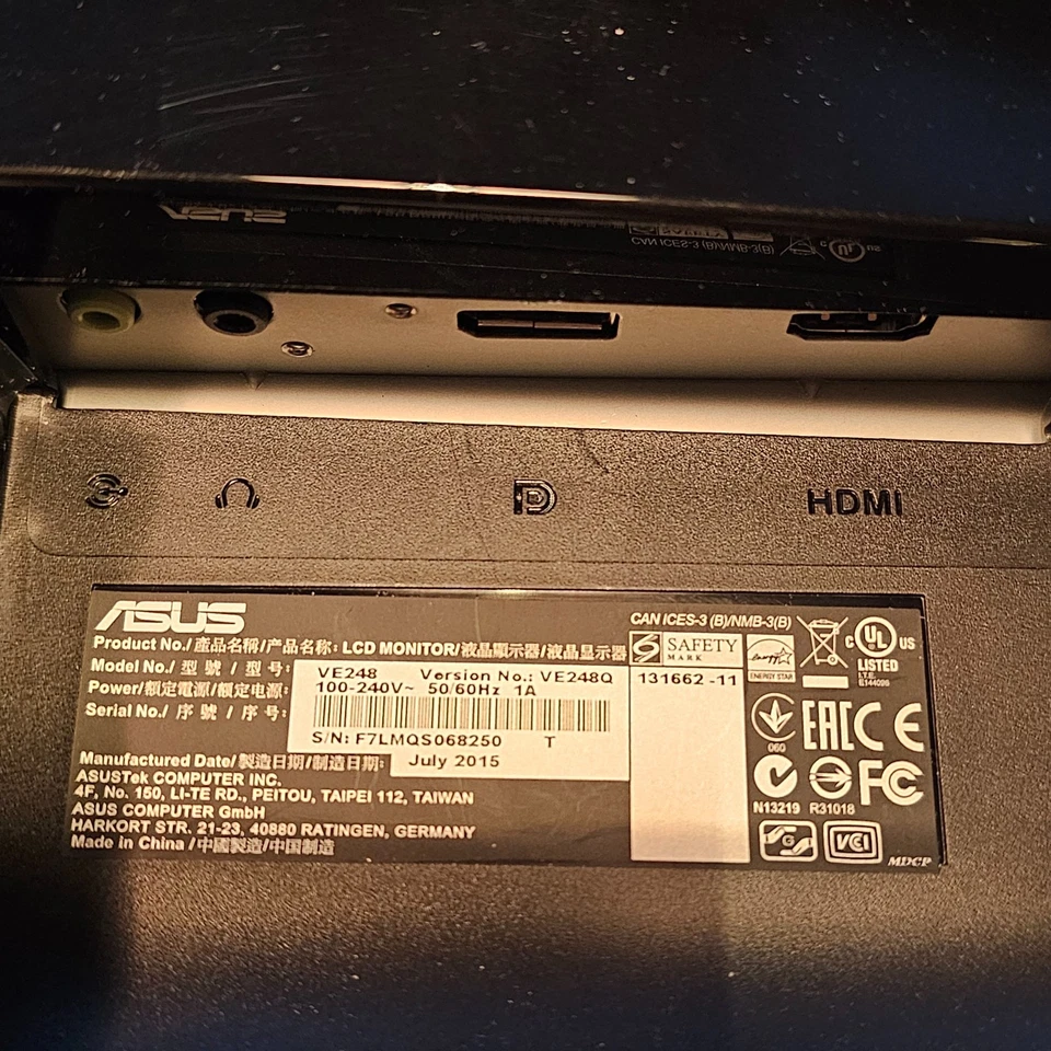 ASUS VE248Q 24" Full HD 1080p LED LCD Monitor with HDMI, DisplayPort, VGA VESA - Image 1 of 4