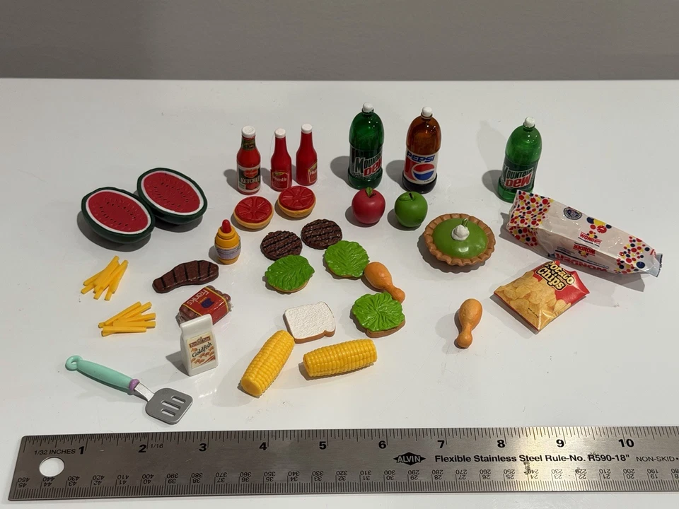 VINTAGE Tyco Kitchen Littles Barbie-sized Food LOT 30+ Pieces Bbq picnic - Image 1 of 4