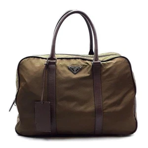 Prada Boston Bag Business Briefcase Khaki Nylon Leather Men's Women's Used - Picture 1 of 10