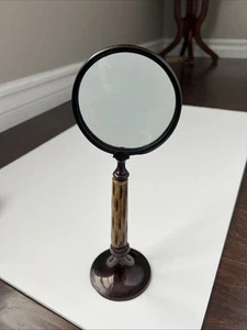 Vintage Magnifying Glass Free Standing Desktop Metal & CARVED Handle 11.5" - Picture 1 of 9