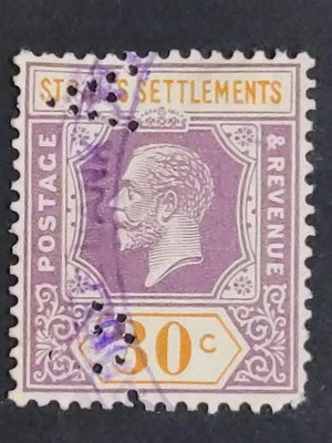Straits Settlements 1921 1922-32 KGV Wmk MSCA 30c - 1v Used Perfin - Image 1 of 3